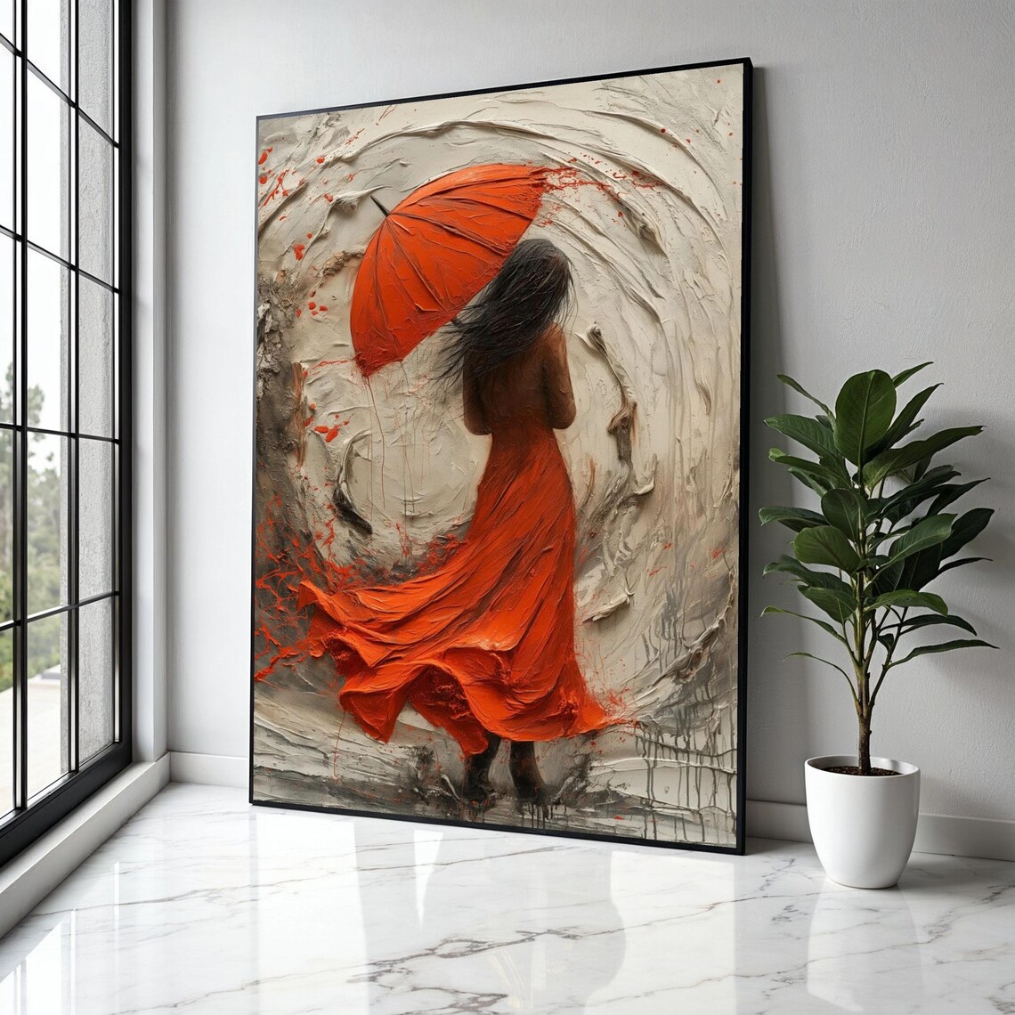 Woman With A Red Umbrella In A Cream Impasto Swirl Art Poster
