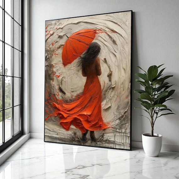 Woman With A Red Umbrella In A Cream Impasto Swirl Art Poster