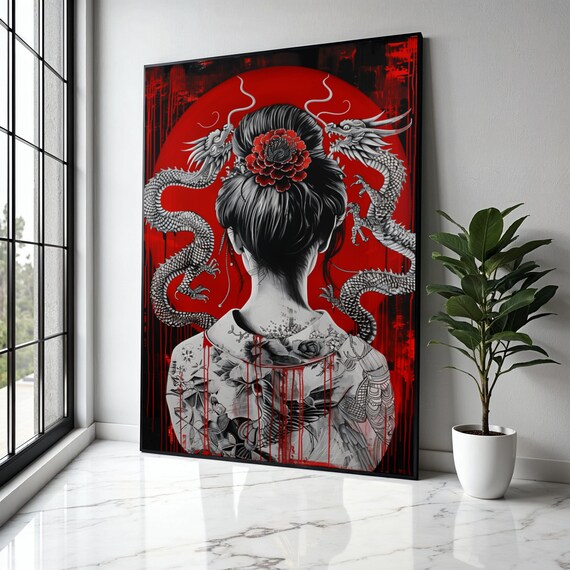 Intricate Japanese Geisha With Dragon Tattoo Canvas Asian Art Wall Decor Red And Black Oriental Modern Gift Home Print