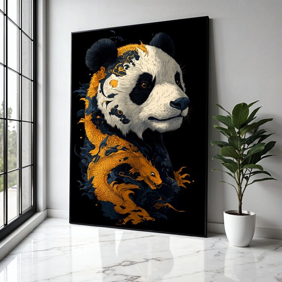 Majestic Panda Portrait With Golden Dragon Asian Art Canvas Animal Wall Decor Oriental Style Unique Gift Home Print