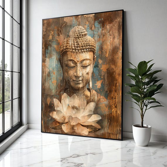 Serene Buddha Canvas Wall Art Meditation Spiritual Decor Flower Painting Tranquil Zen Artwork Rustic Gift Home Print