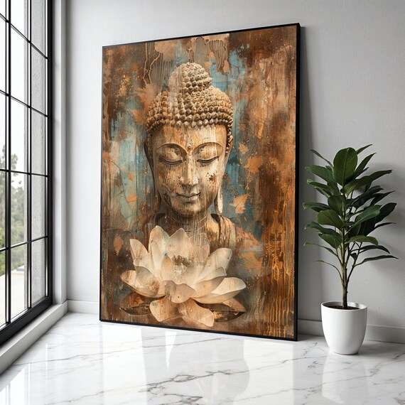 Weathered Bronze Buddha Head White Lotus Rustic Texture Art Poster