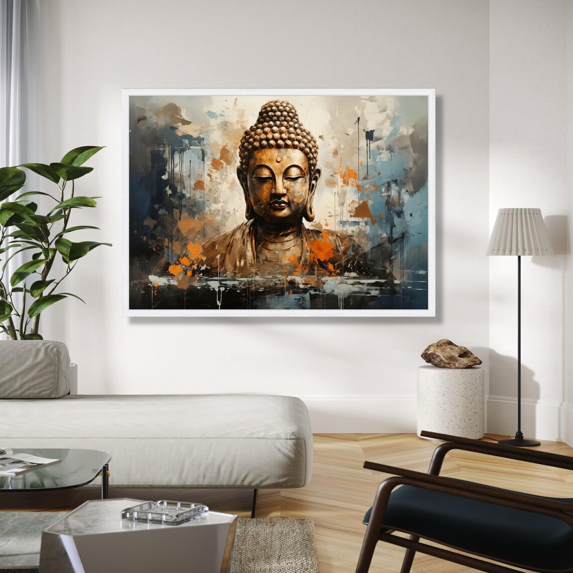 Bronze Buddha Statue Abstract Orange Splash Modern Zen Meditation Poster