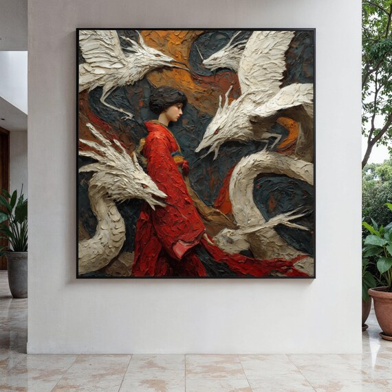 Mystical Geisha With White Dragons Canvas Japanese Fantasy Wall Art Oriental Woman In Red Kimono Dragon Gift Home Decor Print