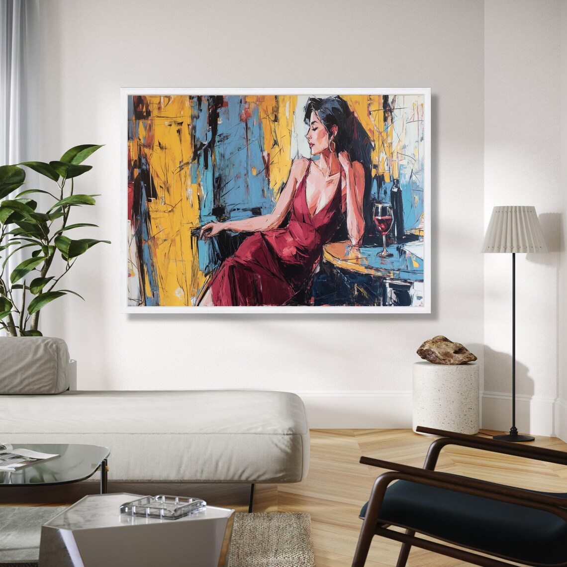 Elegant Woman In Red Dress With Wine Glass In Cafe Painting Poster