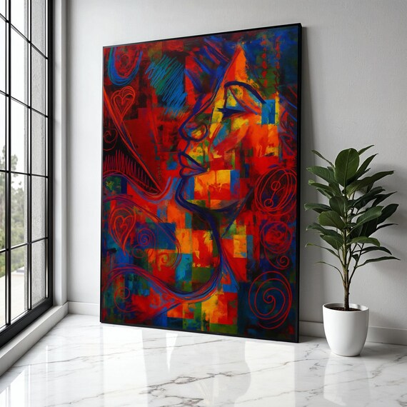 Abstract Lovers Kiss Geometric Mosaic Red Blue Bold Modern Poster