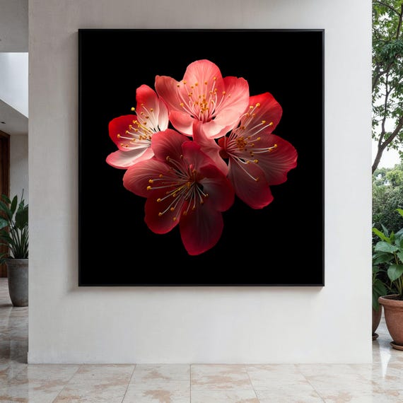 Vibrant Red Cherry Blossom Canvas Floral Wall Art Elegant Flower Closeup Botanical Print Modern Home Gift Decor