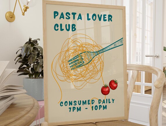 Cheerful Pasta Lover Club Fun Retro Spaghetti Kitchen Decor Poster