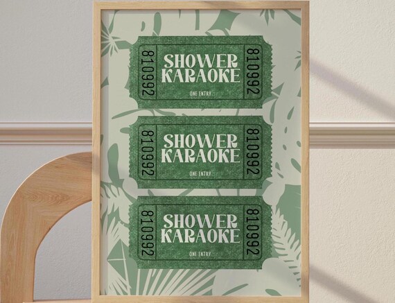Shower Karaoke Ticket Print Bathroom Retro Sage Green Singing Funny Wall Art Tropical Trendy Decor Coastal Cowgirl
