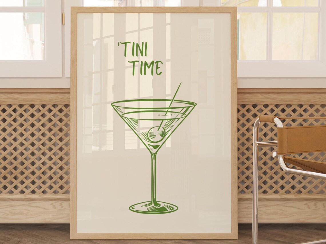 Print Bar Art Minimalist Cocktail Poster Blue Green Cart Wall Drinks Decor