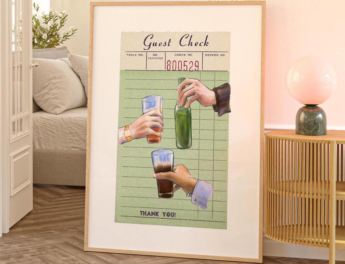 Guest Check Retro Trendy Art Print, Preppy Bar Cart