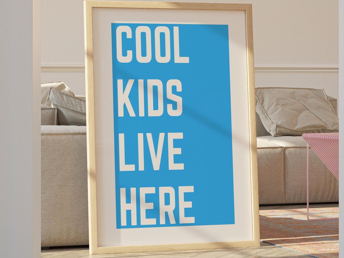 Cool People Live Here Wall Art Blue Typography Print Dorm Bold Word Cheeky Monochrome Minimalist Decor Trendy Quote