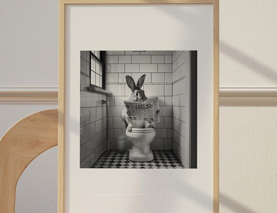 Funny Rabbit on Toilet Reading Newspaper Black and White Bathroom Poster