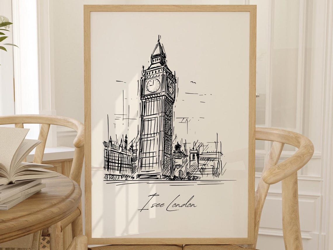 I See London Big Ben Sketch Tower Ink Line Drawing Travel Poster