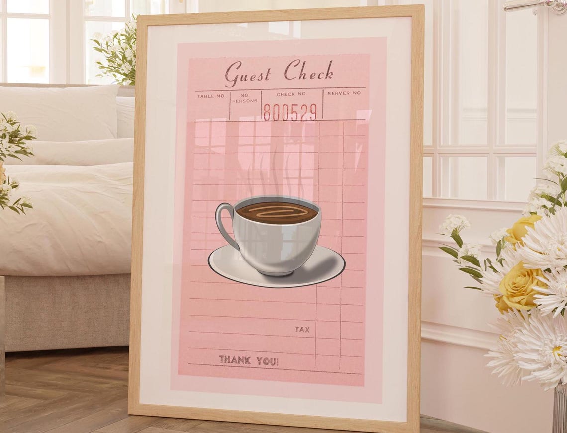 Pink Guest Check Coffee Cup Illustration Retro Diner Wall Poster