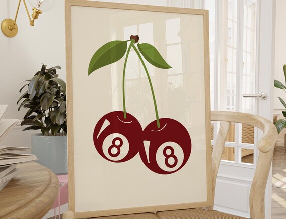 Vintage Poster Red Eight Ball Cherries Retro Wall Art Magic 8 Cherry Pool Kitchen
