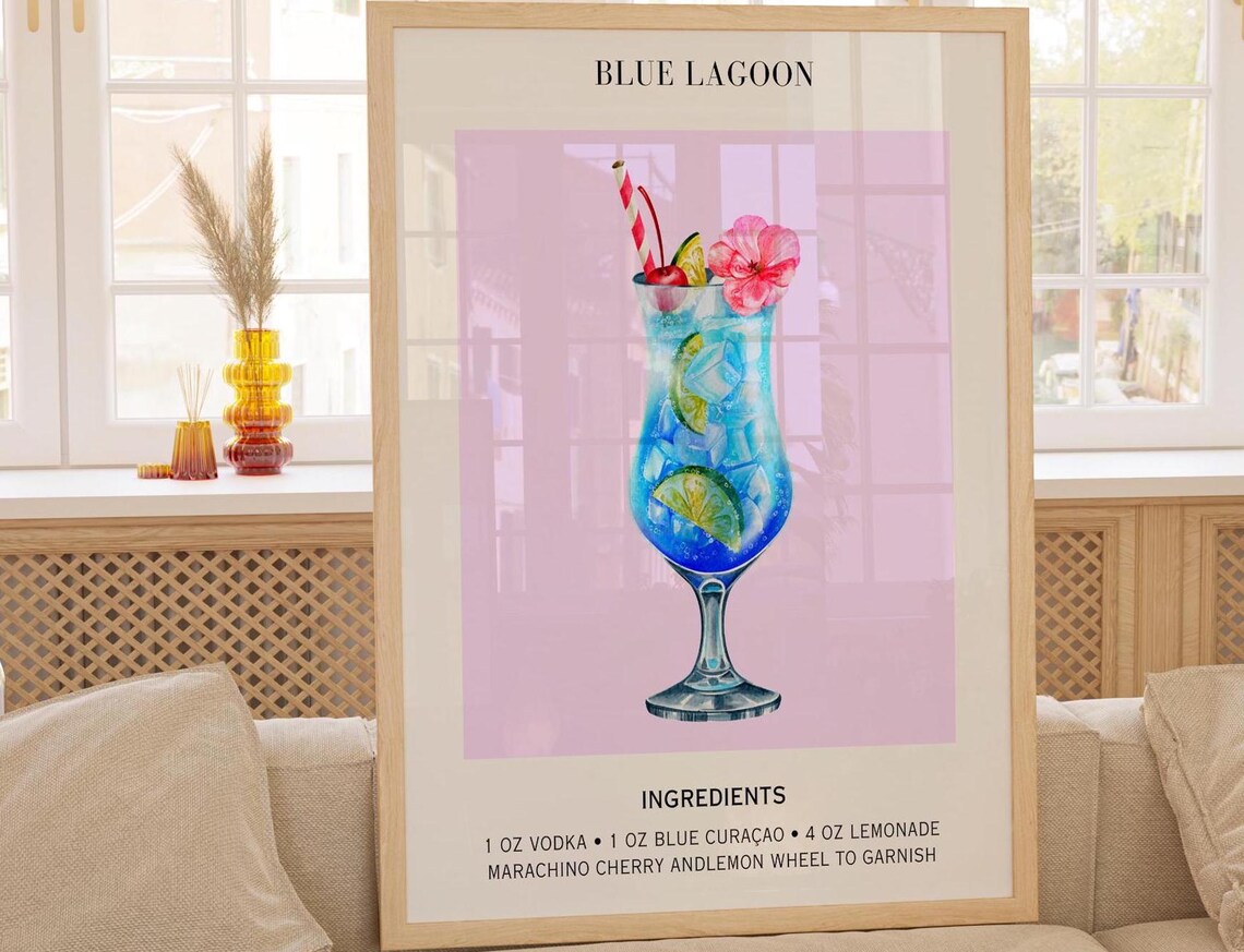 Blue Lagoon Cocktail Poster, Minimalist Retro
