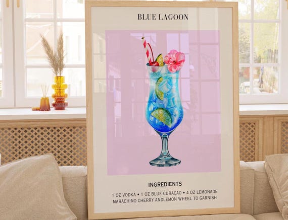 Blue Lagoon Cocktail Poster, Minimalist Retro