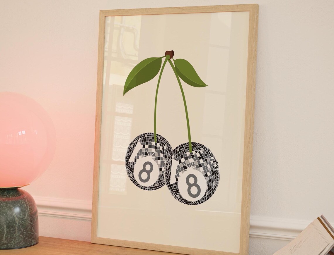 Glitter 8 Ball Cherries, Modern Kitchen Retro Art Print
