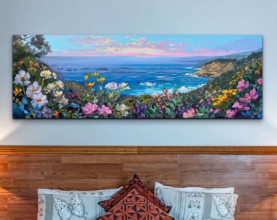 Ocean View From a Flowery Hillside With Crashing Waves Panoramic Poster