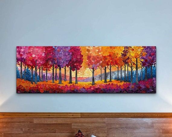Tree Wall Art Colorful Forest Painting Colorful Trees Forest Colorful Jungle Home Decor Ready To Hang Panoramic