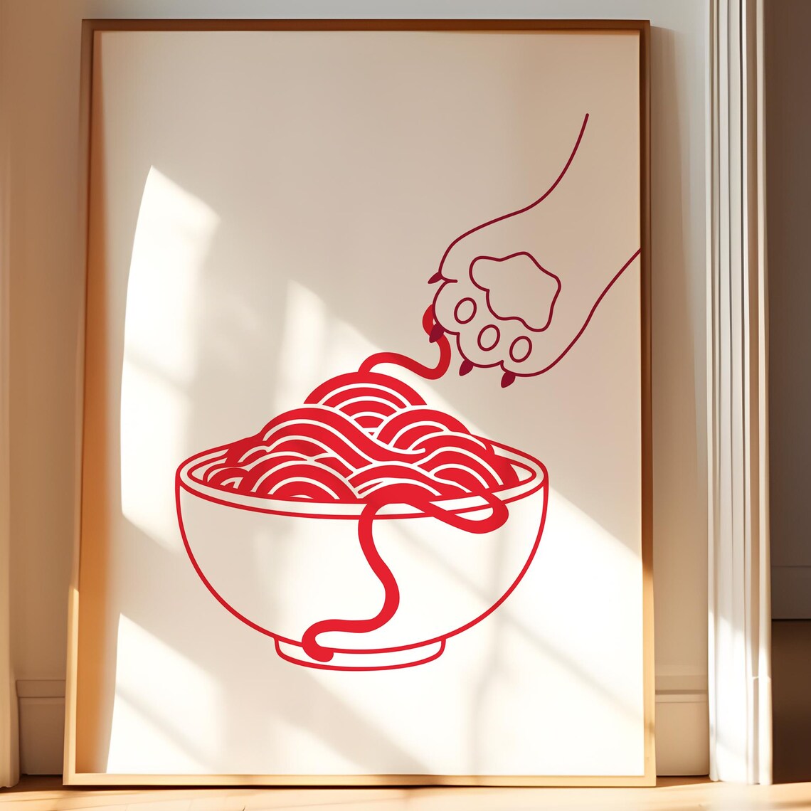 Pasta Wall Art Print Cat Paw Spaghetti Illustration Kitchen Decor Hand Drawn Poster Funny Food