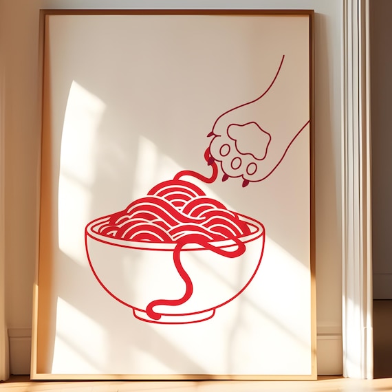 Playful Cat Paw Noodles Bowl Cute Fun Minimalist Kitchen Poster