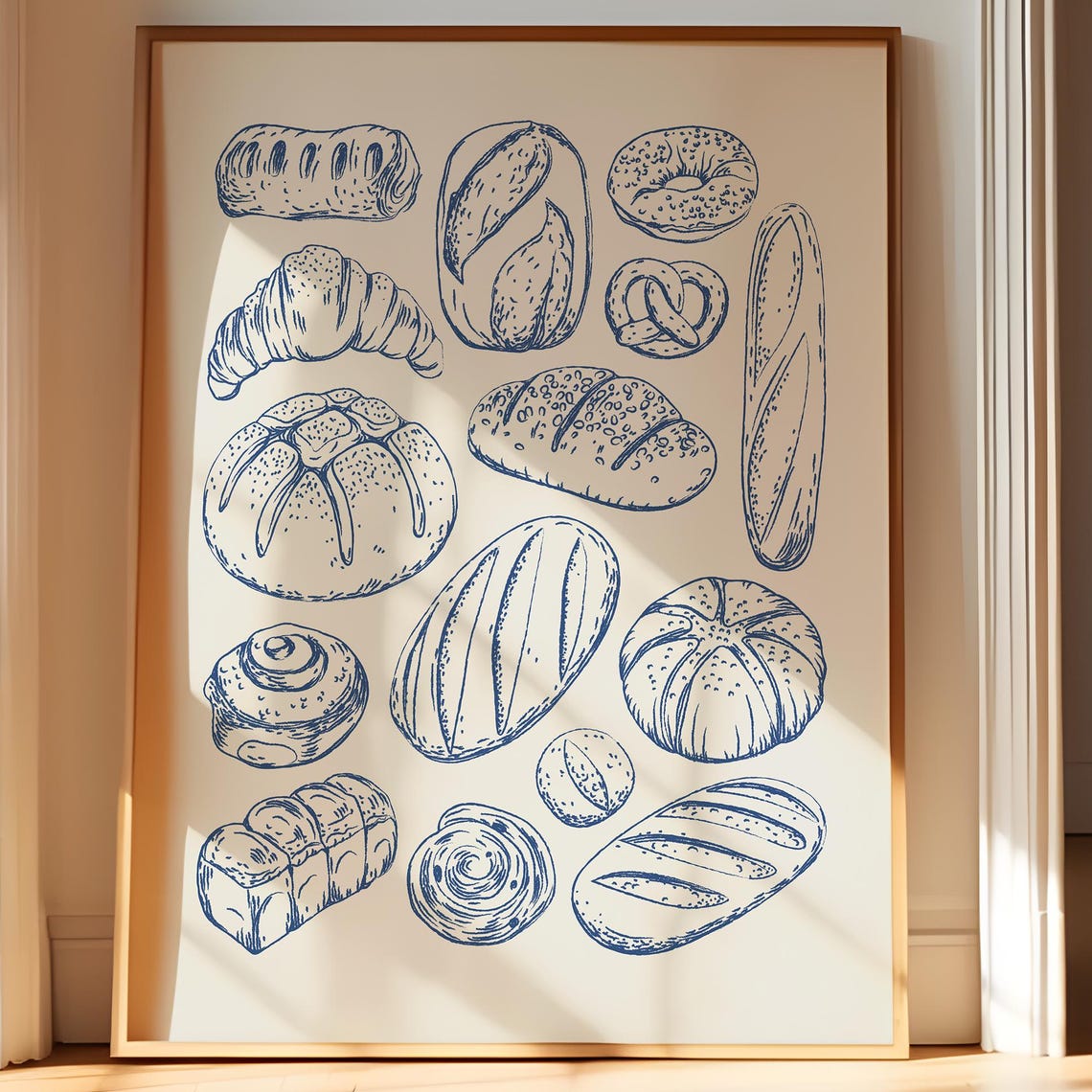 Navy Blue Bread Sketch Hand Drawn Bakery Kitchen Printable Wall Poster