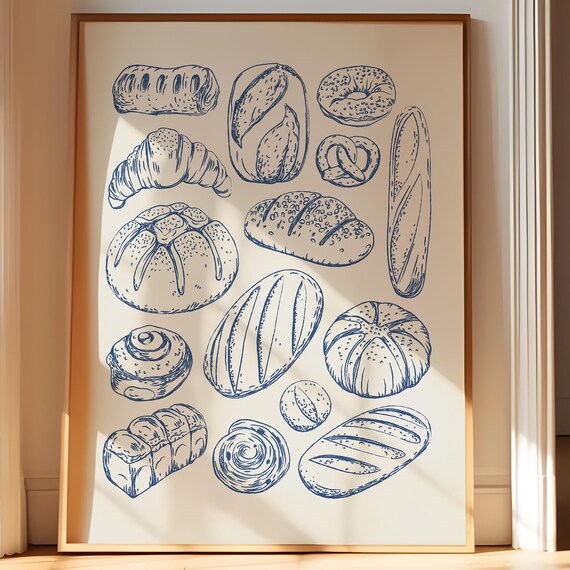 Navy Blue Bread Sketch Handdrawn Bakery Kitchen Printable Wall Art