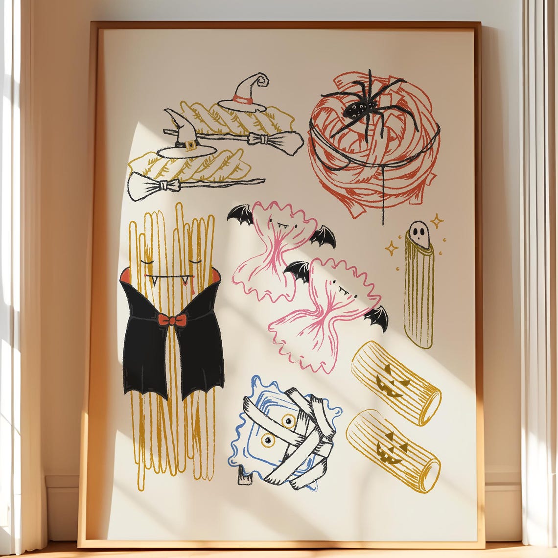 Halloween Pasta Monster Characters Cute Spooky Kitchen Poster