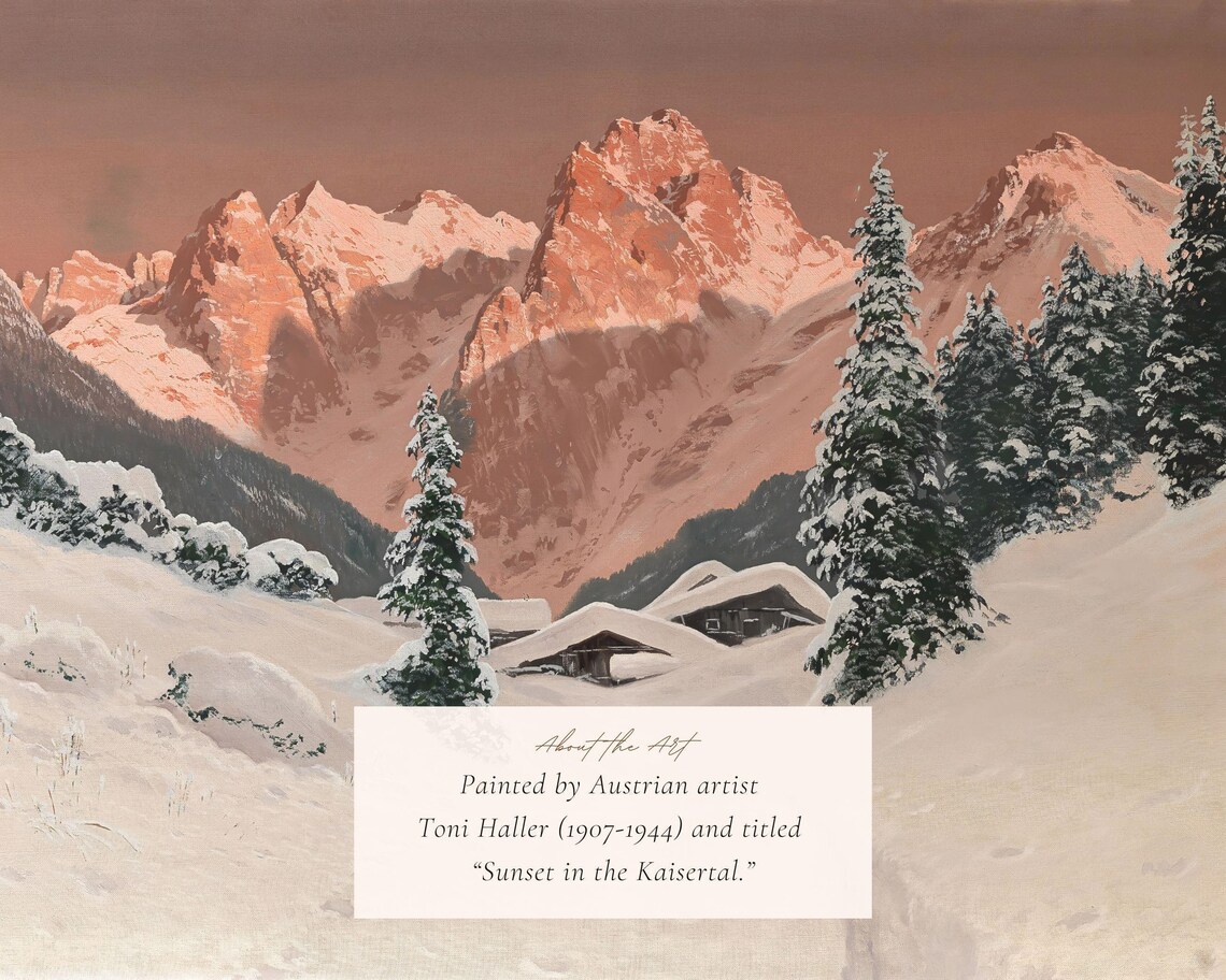 Vintage Winter Mountain Sunset Christmas Art Print - Image 2