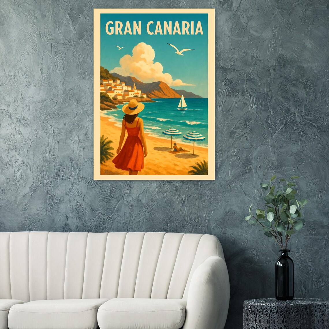 Gran Canaria Spain Vintage Travel Poster Beach Woman Red Dress
