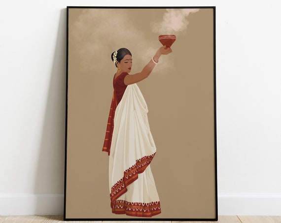 Bengali Woman Dhunuchi Dance Art Kolkata Wall Art Desi Art South Asian Woman In Saree Brown Girl Indian Woman Art Bengali Home Decor