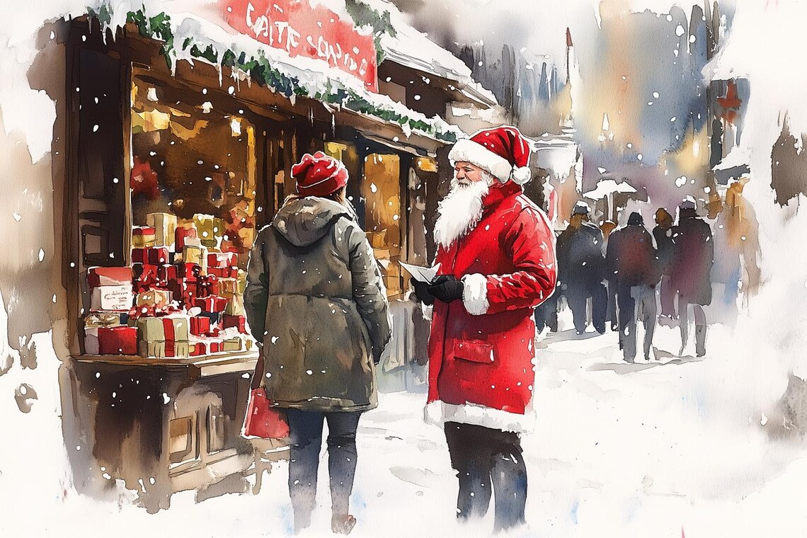 Santa Claus at a Snowy Christmas Market Watercolor Scene Poster