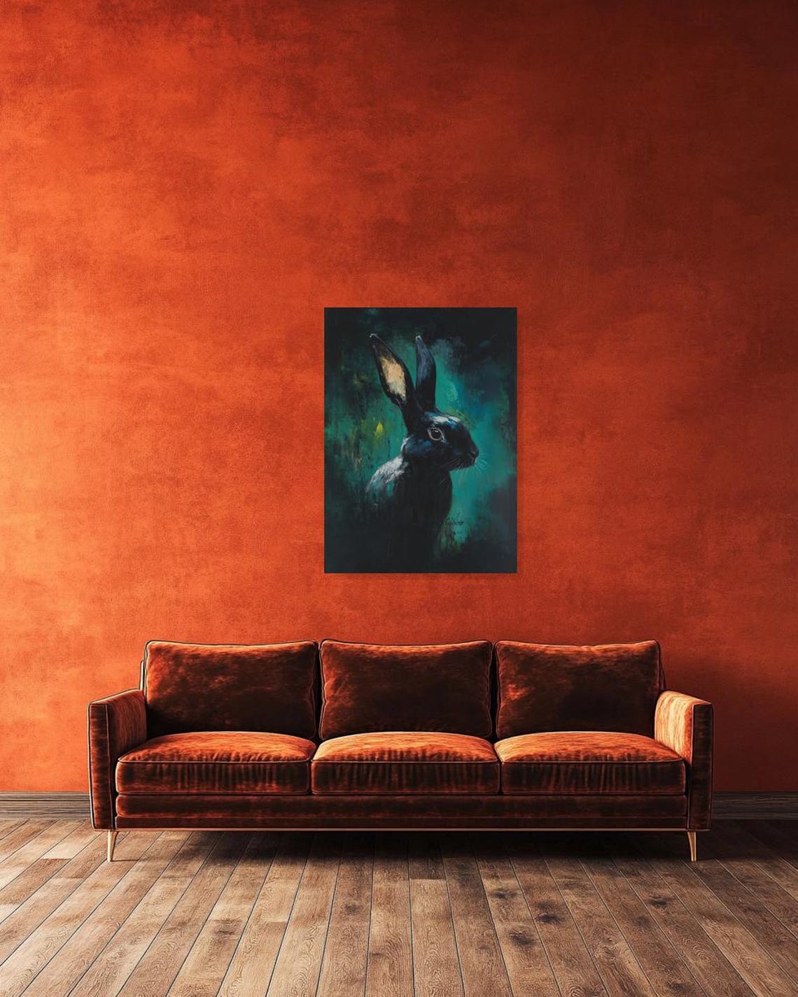 Black Rabbit Portrait Dark Teal Background Expressive Animal Poster - Image 2