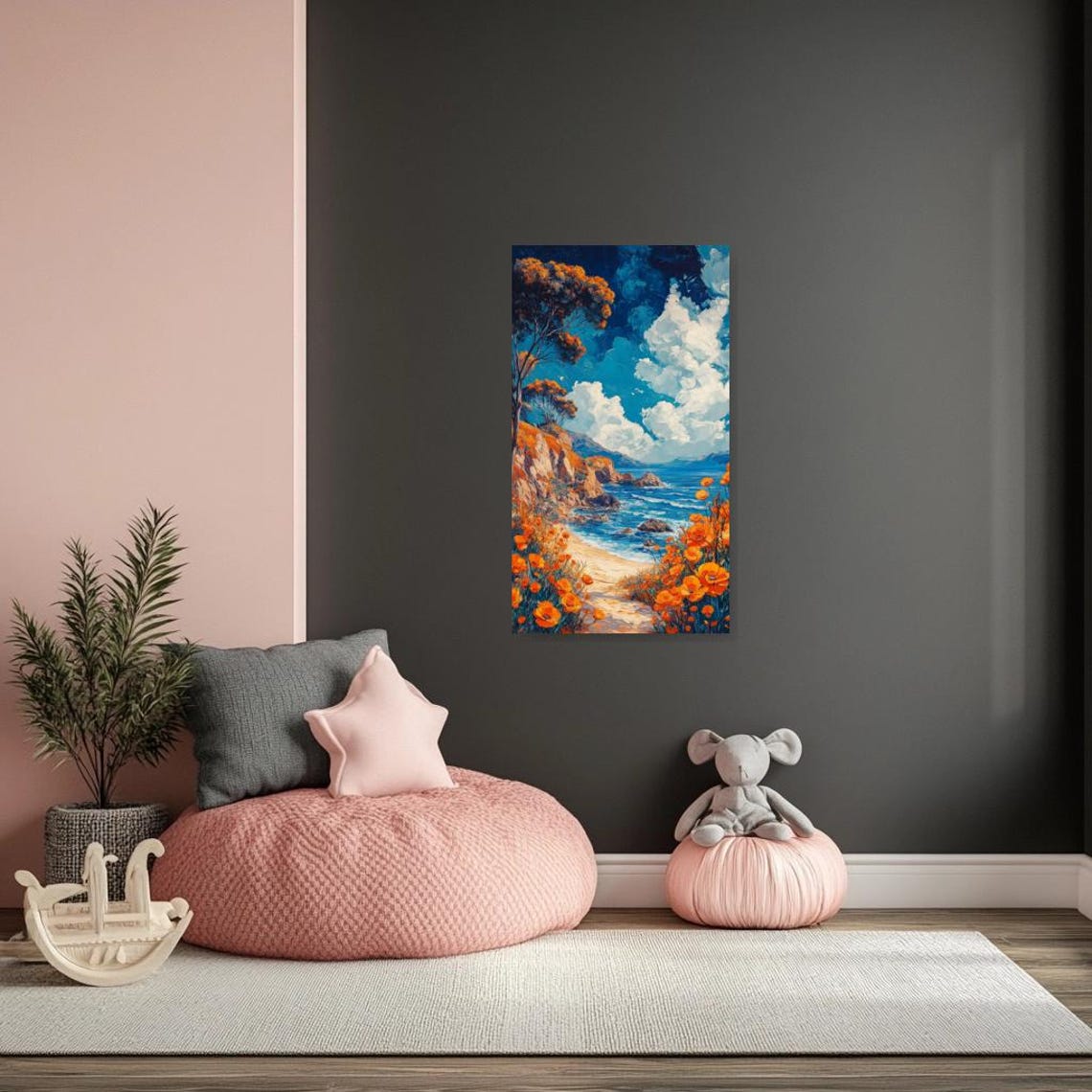 Orange Poppies Blooming on Dramatic Blue Coastal Cliffs Poster - Image 2