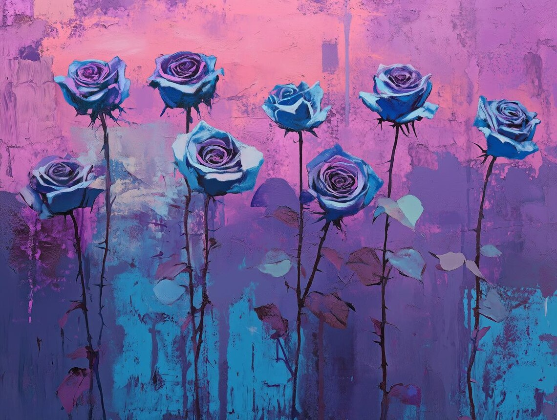 Blue Roses On Pink Gradient Background Floral Art Wall Poster