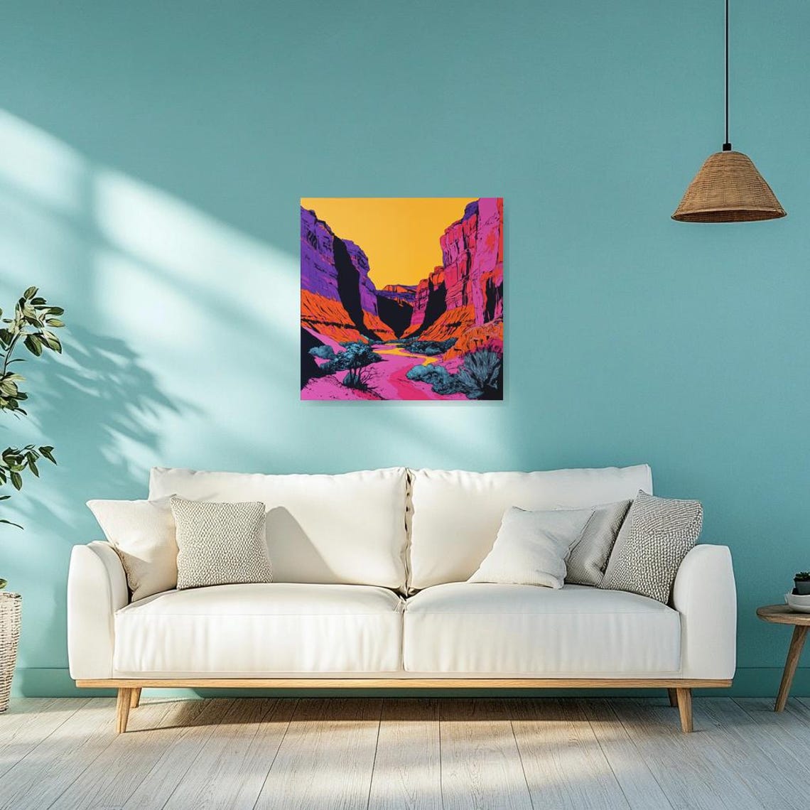 Neon Pop Art Canyon Sunset with Purple Cliffs and Pink River Poster - Image 2