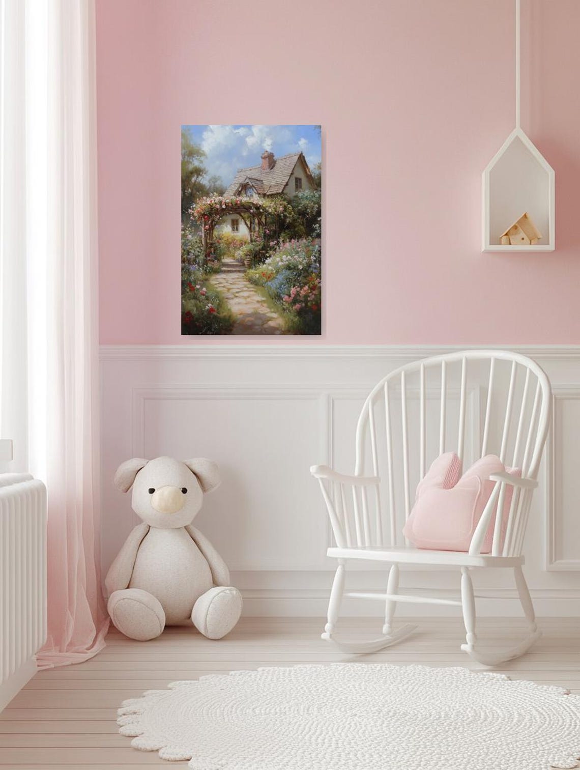 Charming Cottage with Rose Arch in a Lush Summer Flower Garden Poster - Image 3