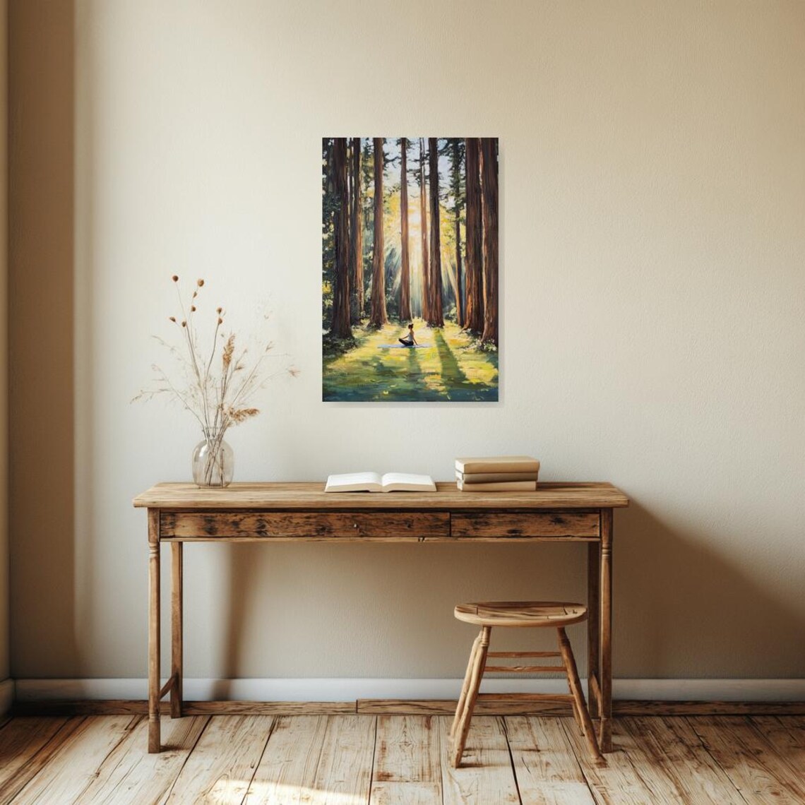 Woman Meditating in Sunlit Redwood Forest Impressionist Poster - Image 3