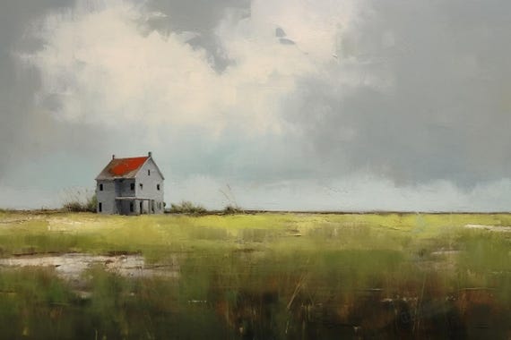 Breathtaking Custom Artwork Anne Packard Style Red Roof Farmhouse In Green Field Under Cloudy Sky Wall Art Home Decor