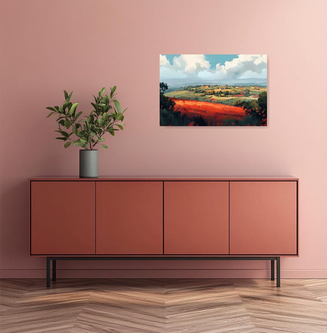 Rolling Red Poppy Fields Stretching Wide Under a Blue Sky Poster - Image 3