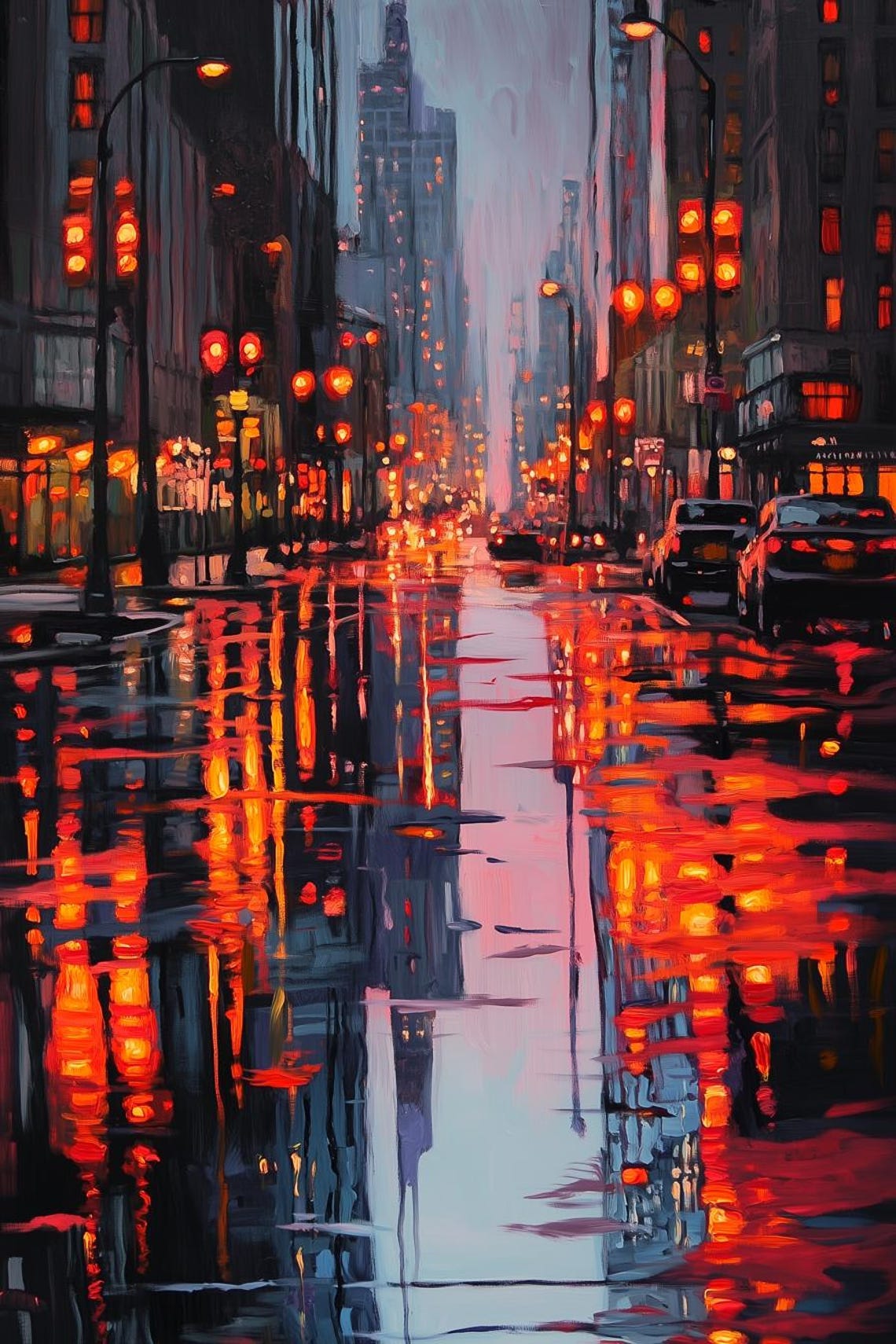 Custom Art Inspired By Edward Hoppers Urban Night Scene With Glowing Reflections And Moody Atmosphere For Home Decor