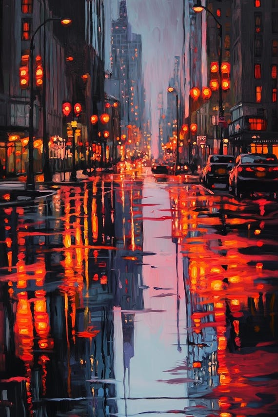 Custom Art Inspired By Edward Hoppers Urban Night Scene With Glowing Reflections And Moody Atmosphere For Home Decor