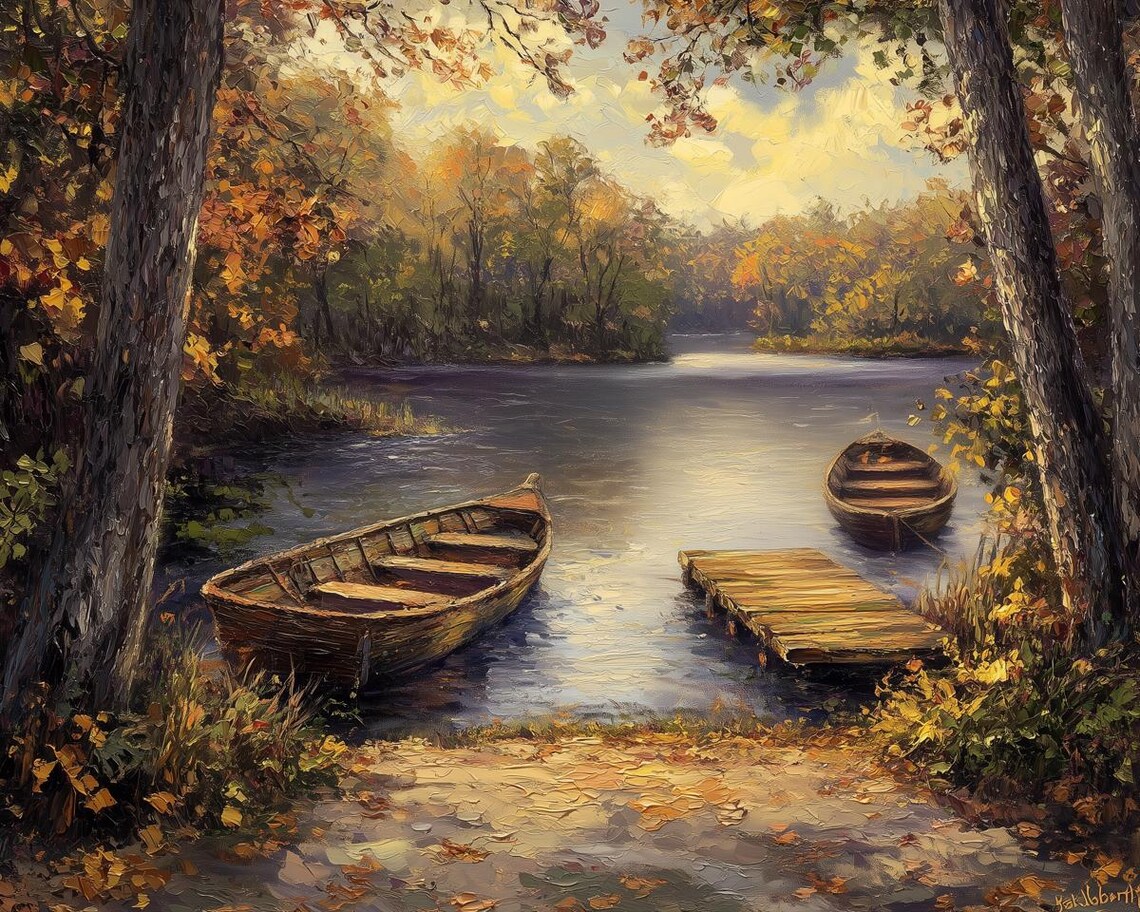 Autumn Lake With Rowboats And Wooden Dock Impasto Art Poster