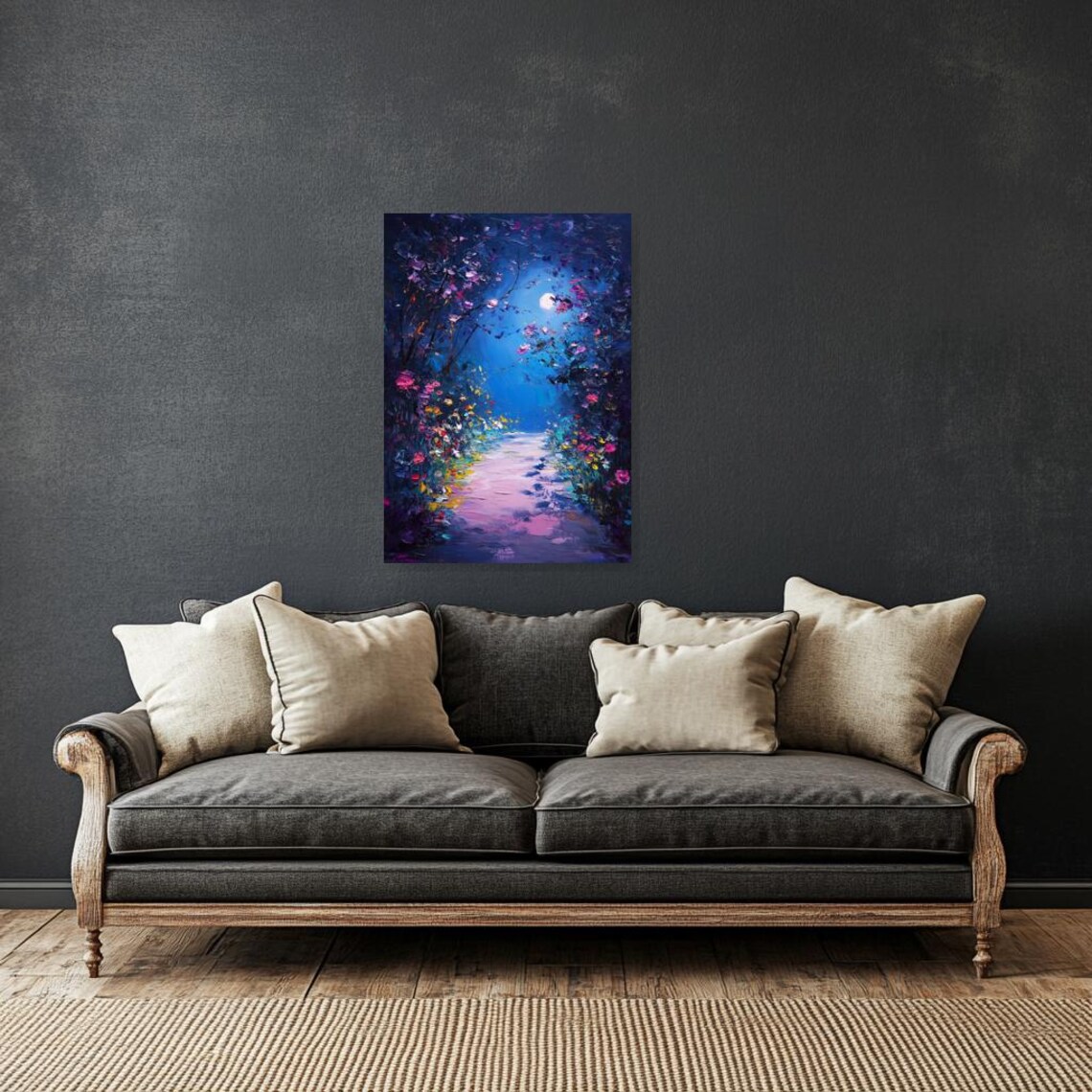 Moonlit Flower Pathway in Van Gogh Style Impasto Night Poster - Image 3