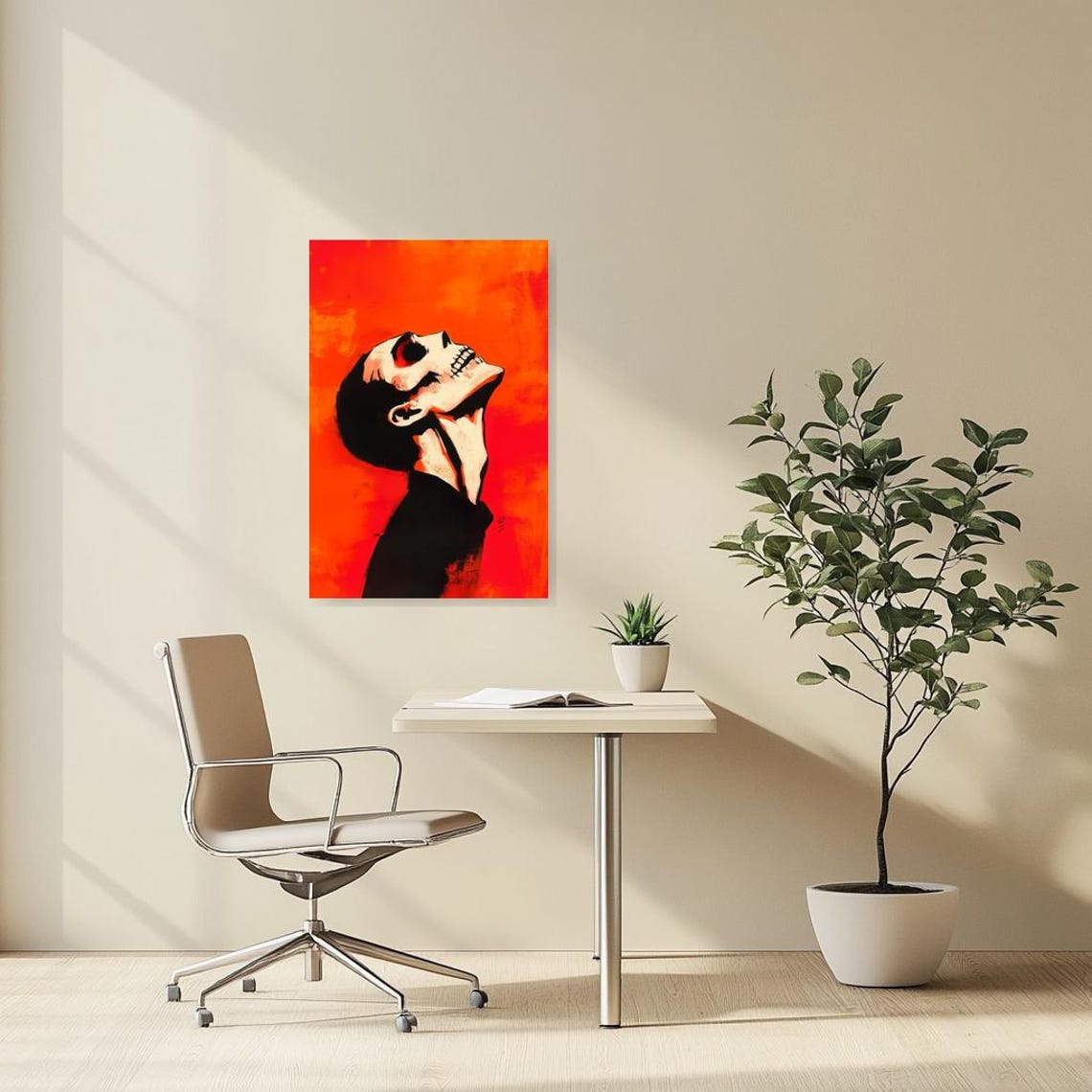 Bold Print Inspired By Edvard Munch Featuring A Striking Skull Against Fiery Orange Background Unique Wall Art Decor - Image 2
