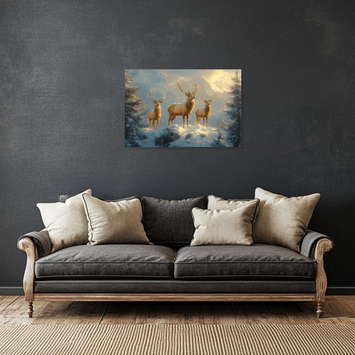 Three Stags in a Golden Snowy Mountain Landscape Winter Poster - Image 2