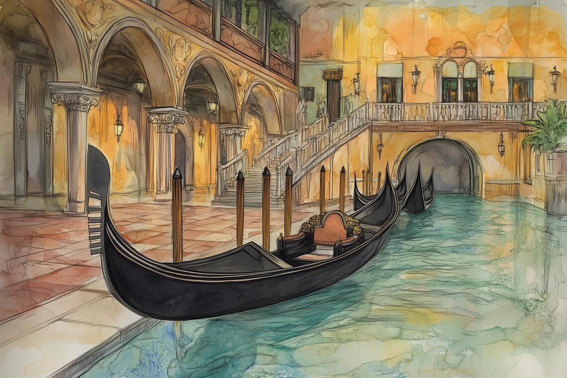 Venetian Gondolas Resting On A Quiet Canal Watercolor Painting Poster