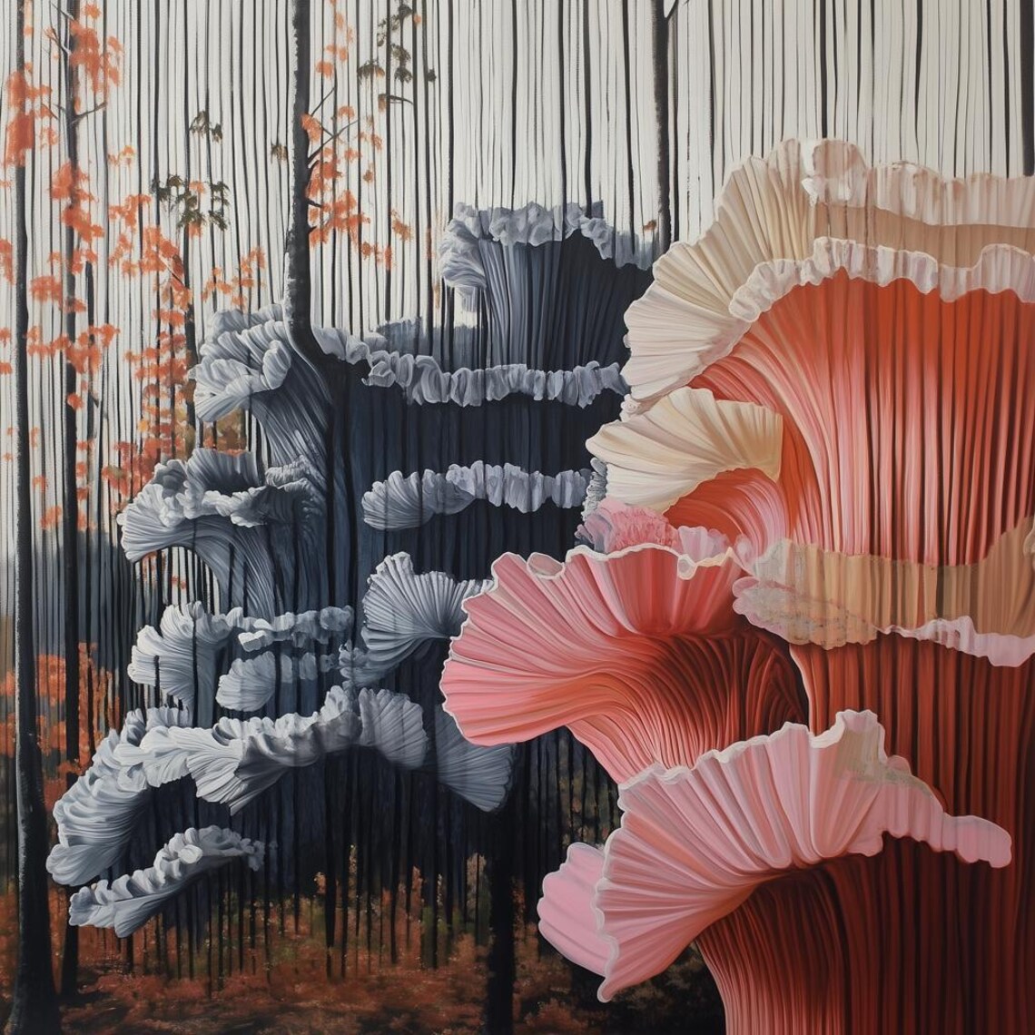 Giant Coral Funnel Fungi Towering in a Twilight Forest Poster